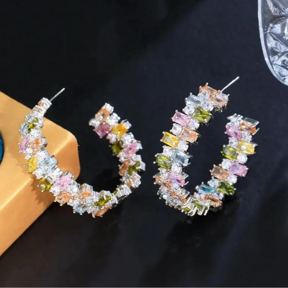 Colorful Zircon Hoop Earrings - Picture 4 of 6